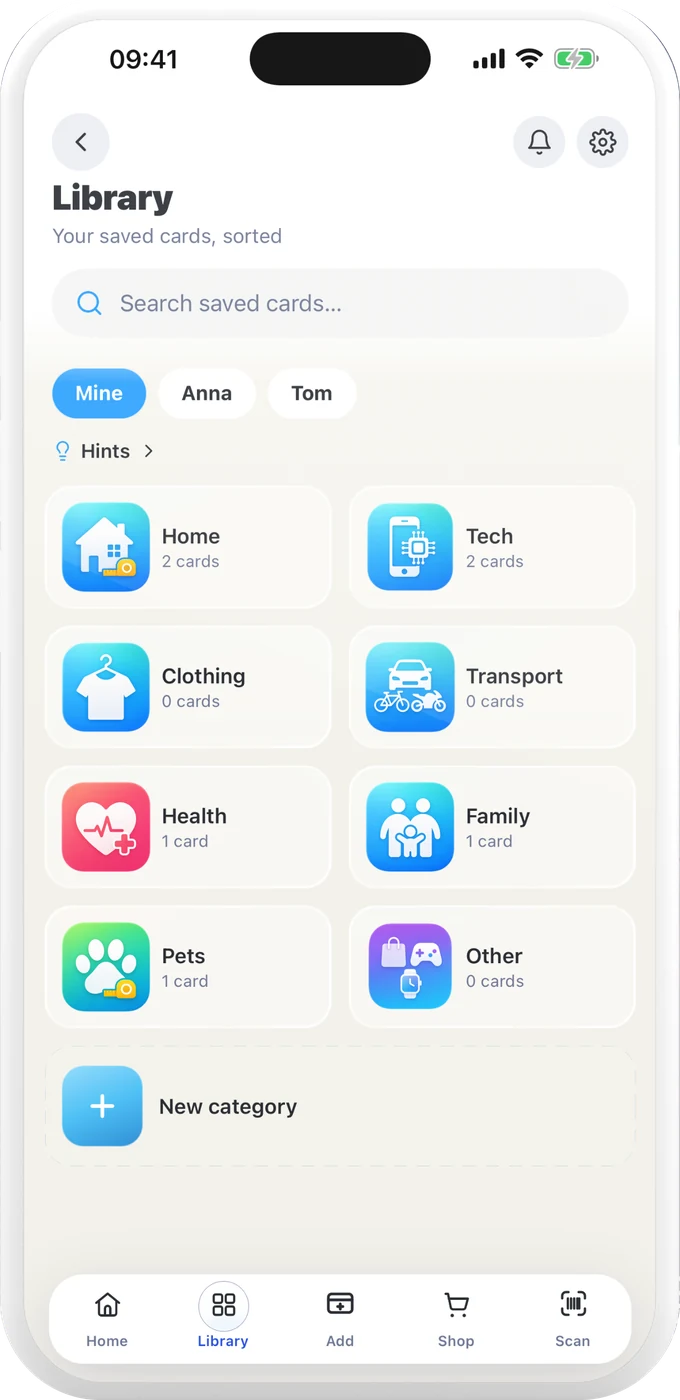 The Specsy library with cards sorted into categories