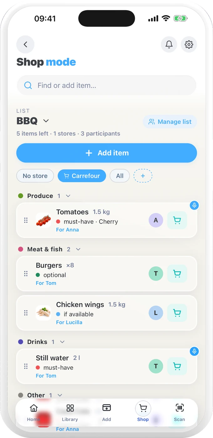 A shared Specsy shopping list with items grouped by section
