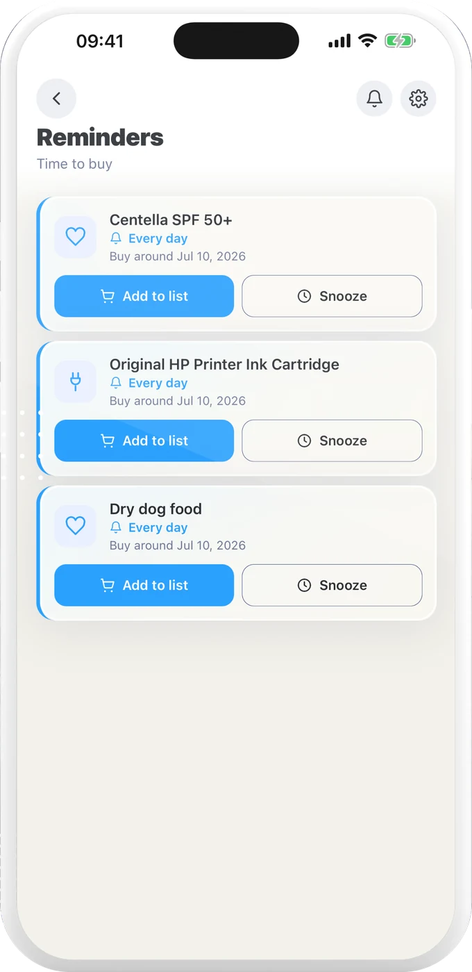 The reminders screen in Specsy